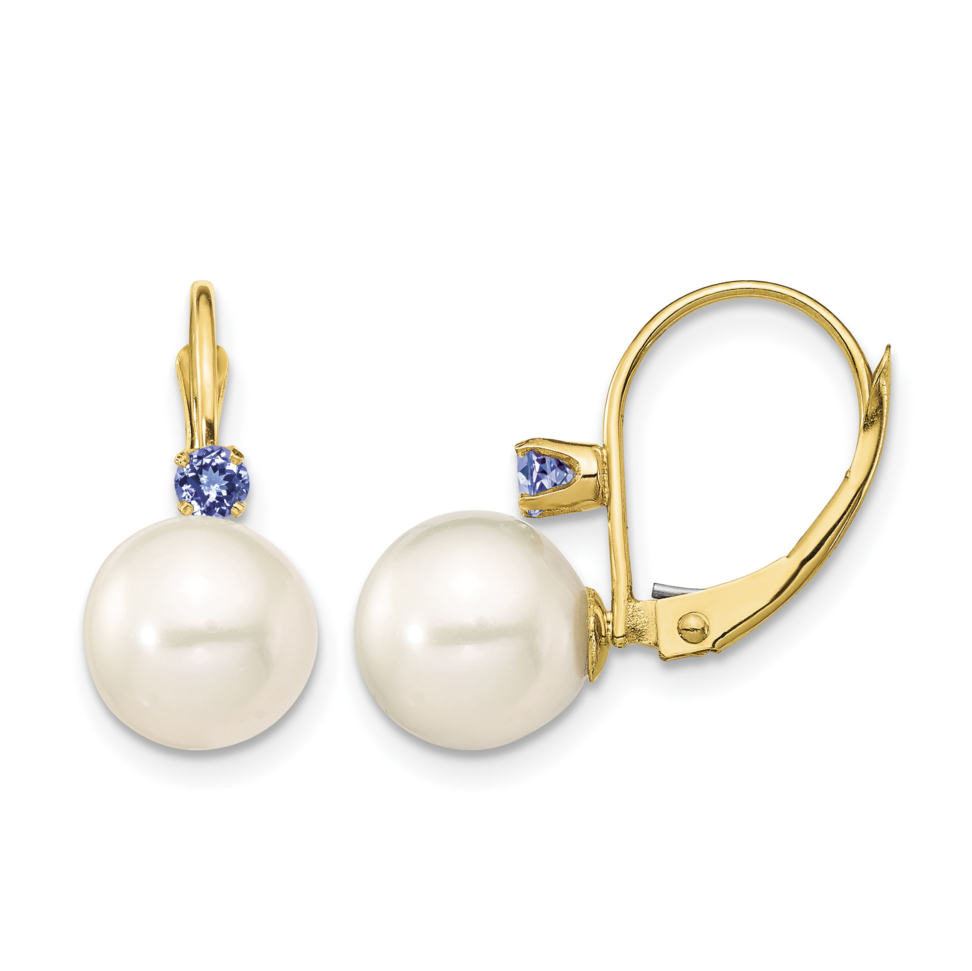 14k 8-8.5mm White Round Freshwater Cultured Pearl and .14TZ Tanzanite Leverback Earrings (XF752E/TZ)