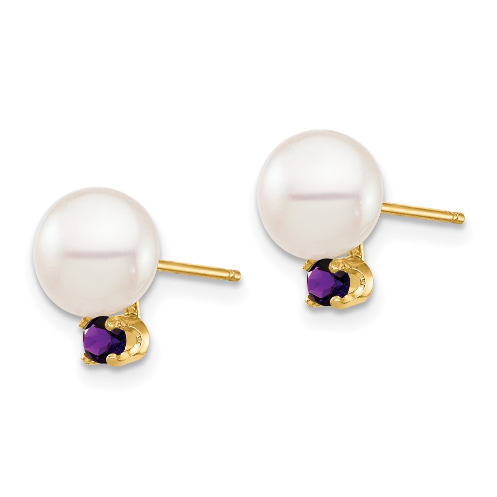 14k 7-7.5mm White Round Freshwater Cultured Pearl and .14AM Amethyst Post Earrings (XF753E/AM)