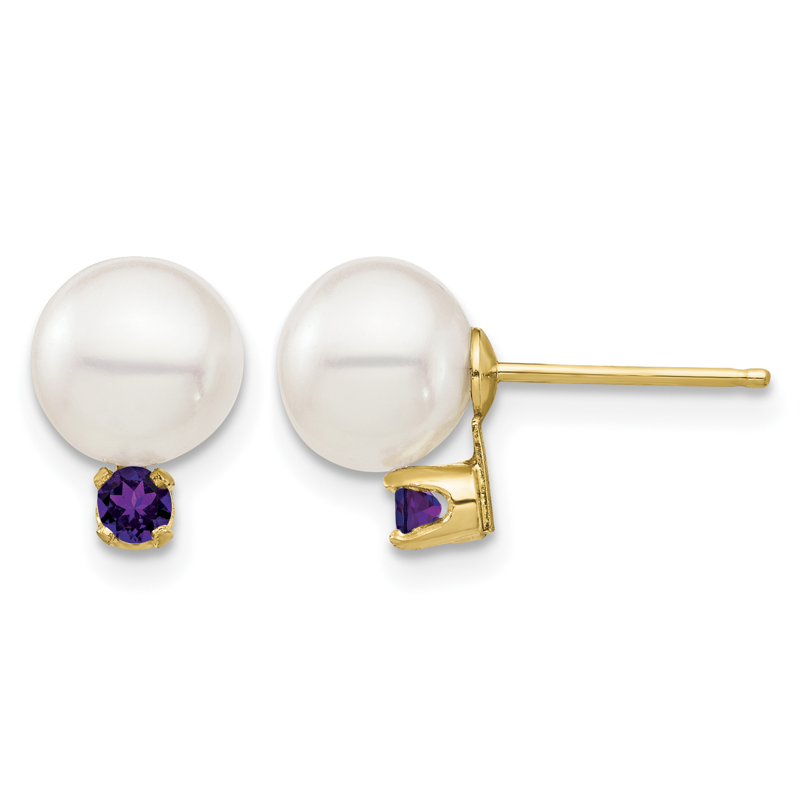 14k 7-7.5mm White Round Freshwater Cultured Pearl and .14AM Amethyst Post Earrings (XF753E/AM)