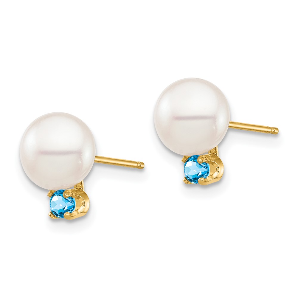 14k 7-7.5mm White Round Freshwater Cultured Pearl and .18BT Swiss Blue Topaz Post Earrings (XF753E/BT)