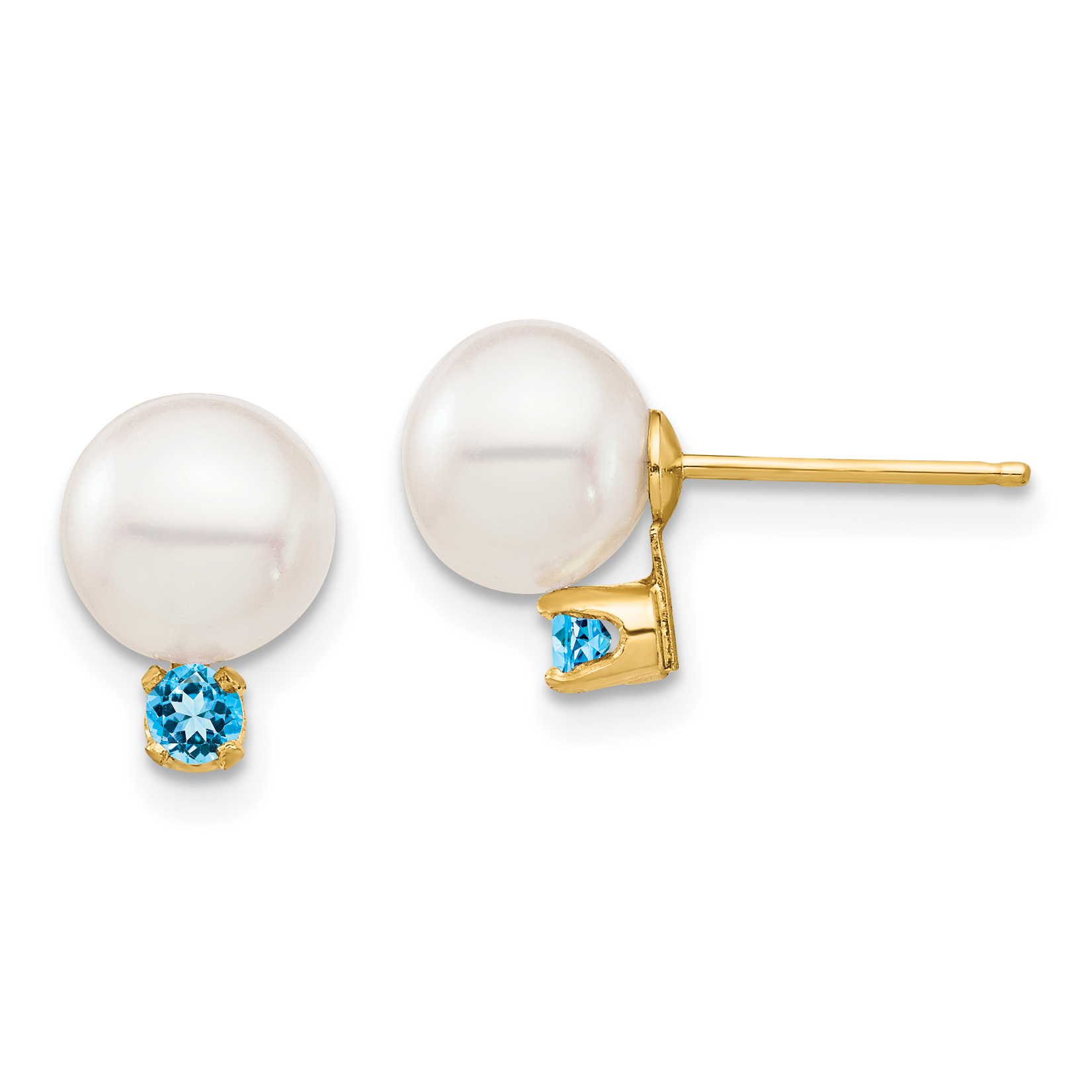 14k 7-7.5mm White Round Freshwater Cultured Pearl and .18BT Swiss Blue Topaz Post Earrings (XF753E/BT)