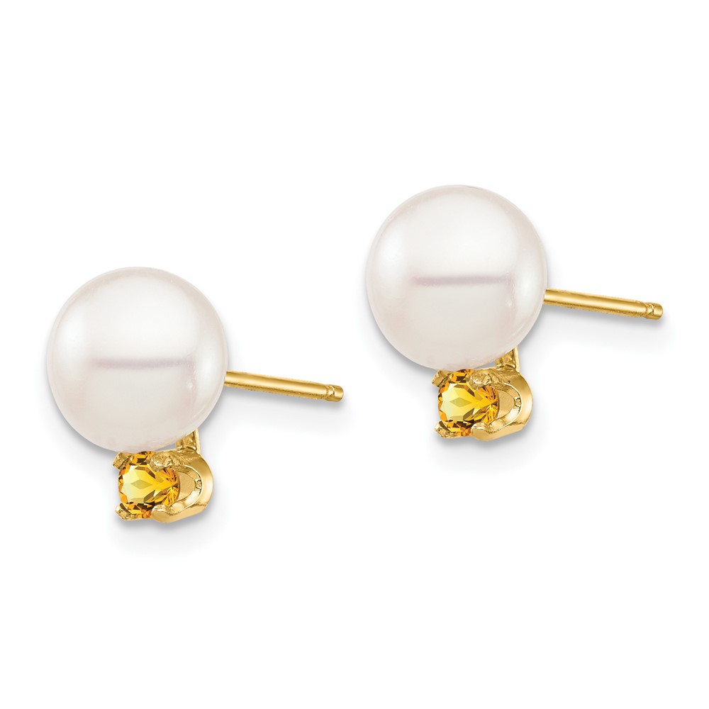 14k 7-7.5mm White Round Freshwater Cultured Pearl and .14CI Citrine Post Earrings (XF753E/CI)
