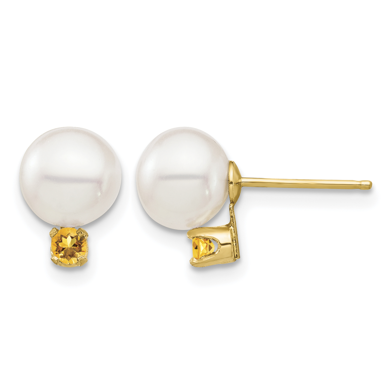 14k 7-7.5mm White Round Freshwater Cultured Pearl and .14CI Citrine Post Earrings (XF753E/CI)