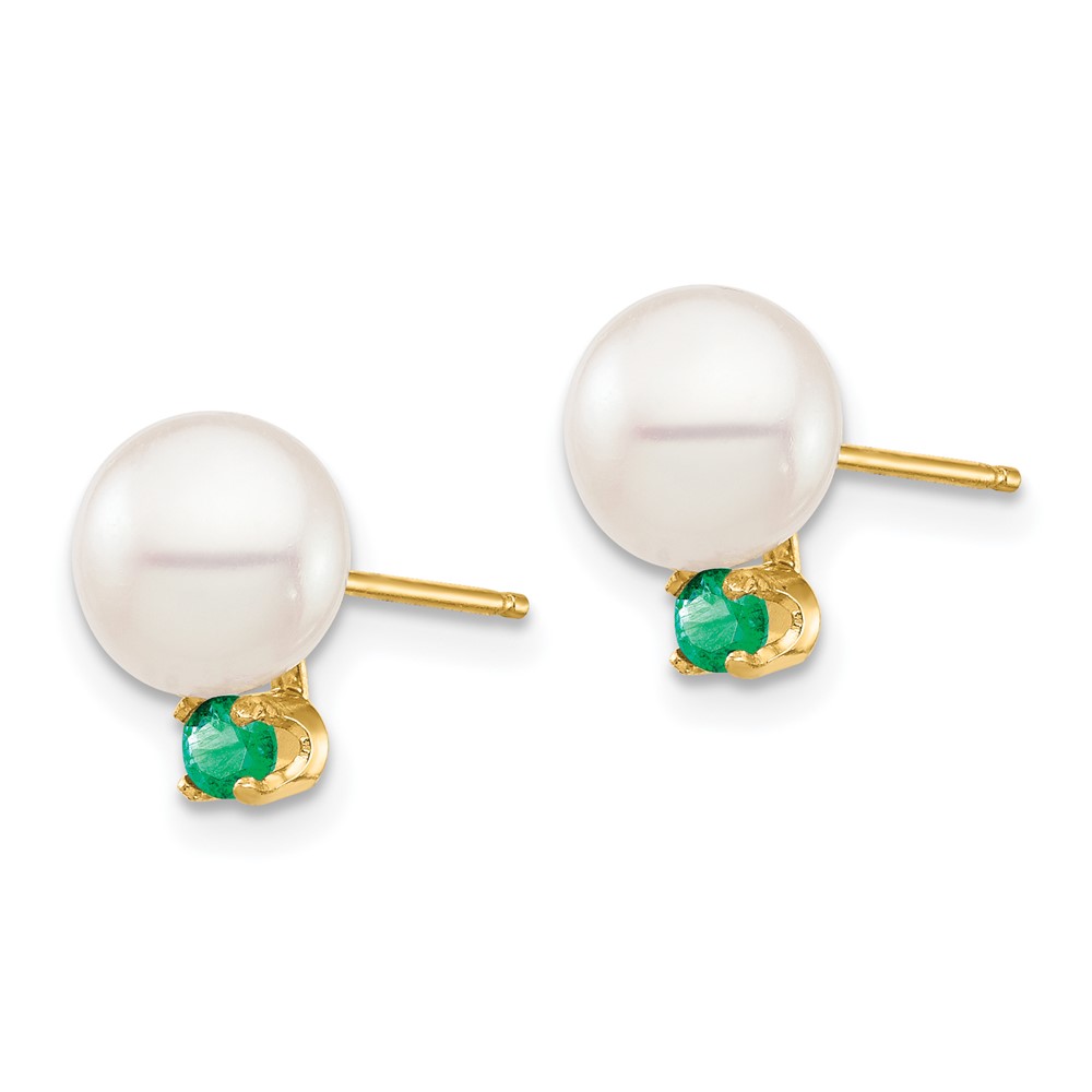 14k 7-7.5mm White Round Freshwater Cultured Pearl and .18EM Emerald Post Earrings (XF753E/E)