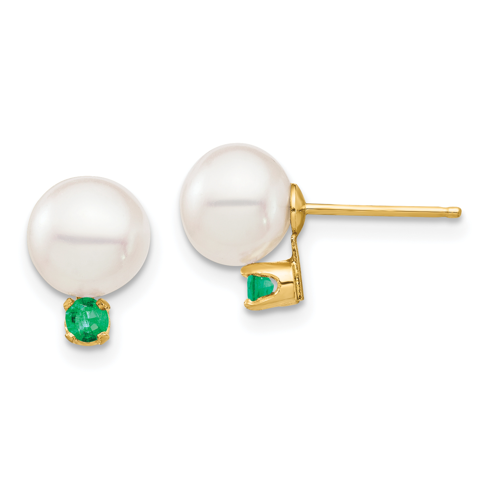 14k 7-7.5mm White Round Freshwater Cultured Pearl and .18EM Emerald Post Earrings (XF753E/E)