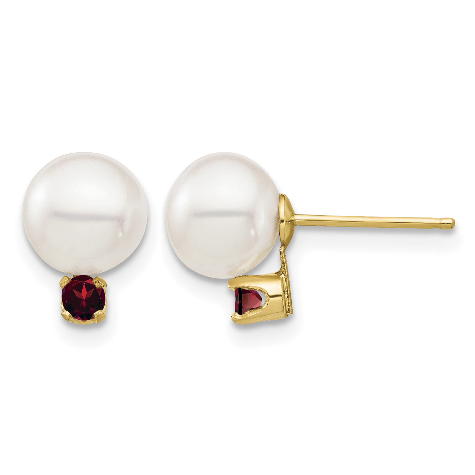 14k 7-7.5mm White Round Freshwater Cultured Pearl and .18GA Garnet Post Earrings (XF753E/GA)