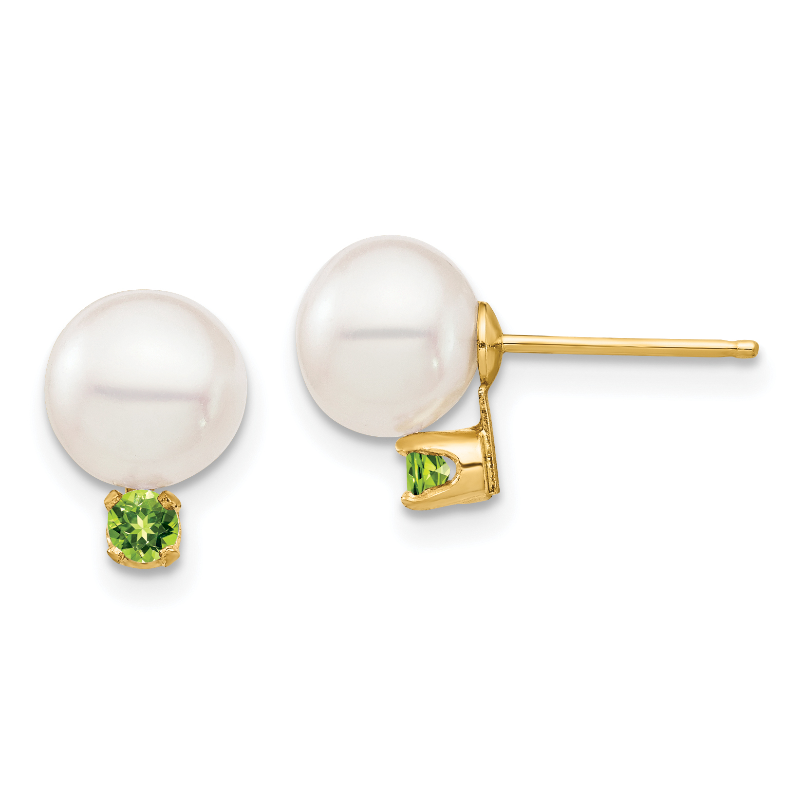 14k 7-7.5mm White Round Freshwater Cultured Pearl and .14PE Peridot Post Earrings (XF753E/PE)
