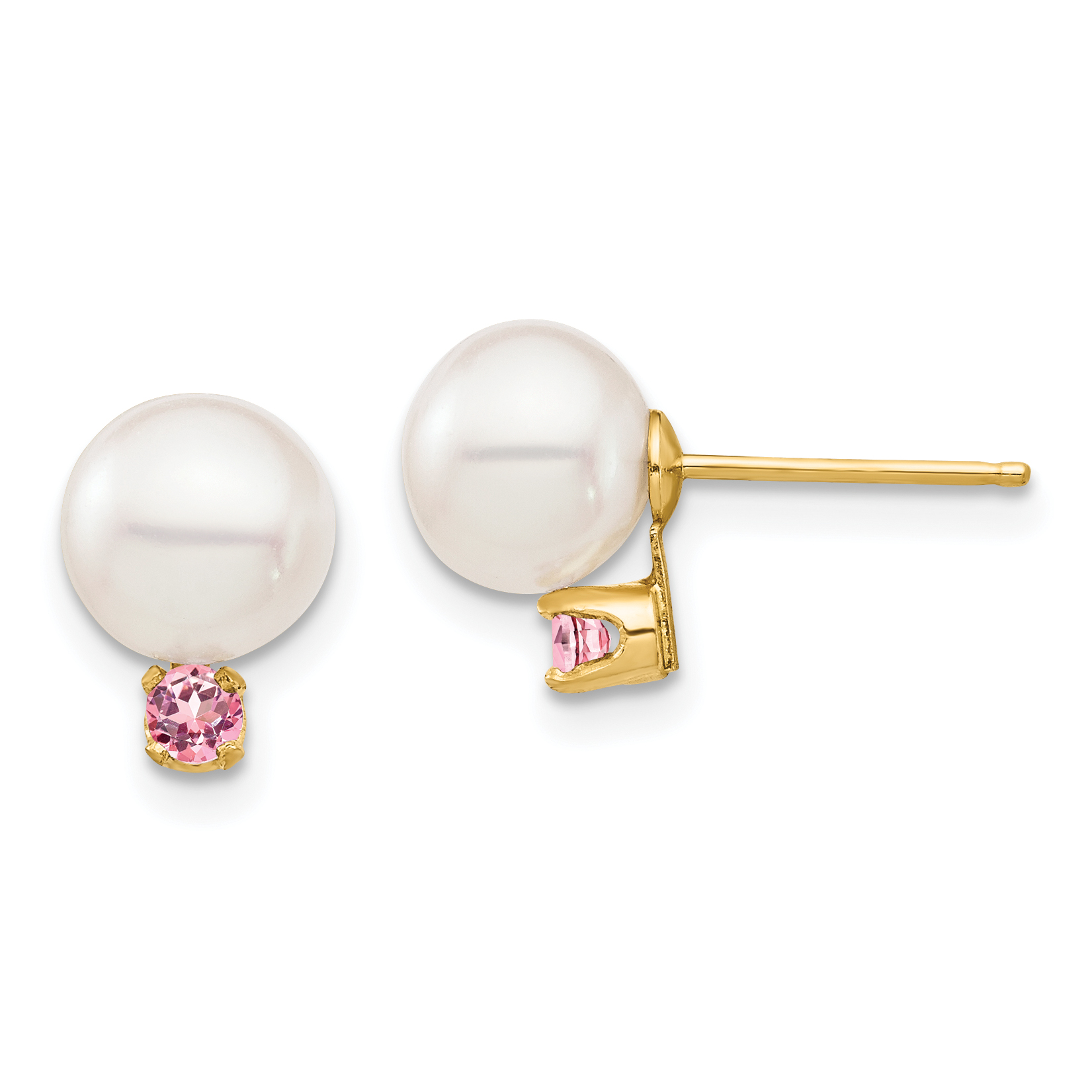 14k 7-7.5mm White Round Freshwater Cultured Pearl and .14PT Pink Topaz Post Earrings (XF753E/PT)