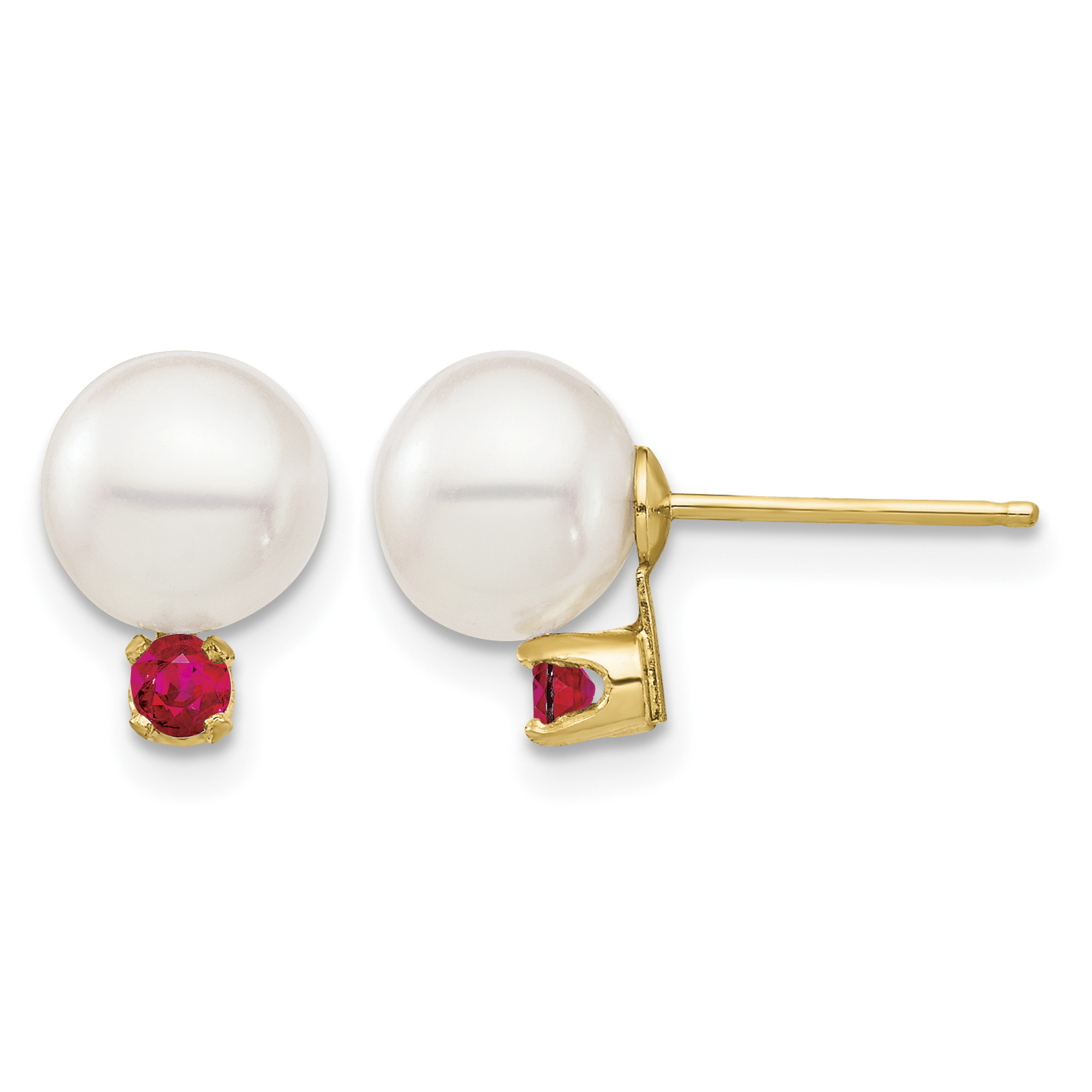 14k 7-7.5mm White Round Freshwater Cultured Pearl and .18RU Ruby Post Earrings (XF753E/R)