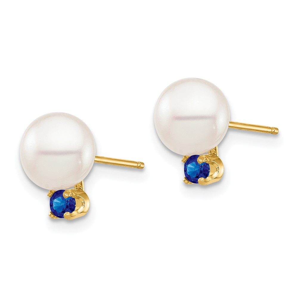 14k 7-7.5mm White Round Freshwater Cultured Pearl and .18SA Sapphire Post Earrings (XF753E/S)