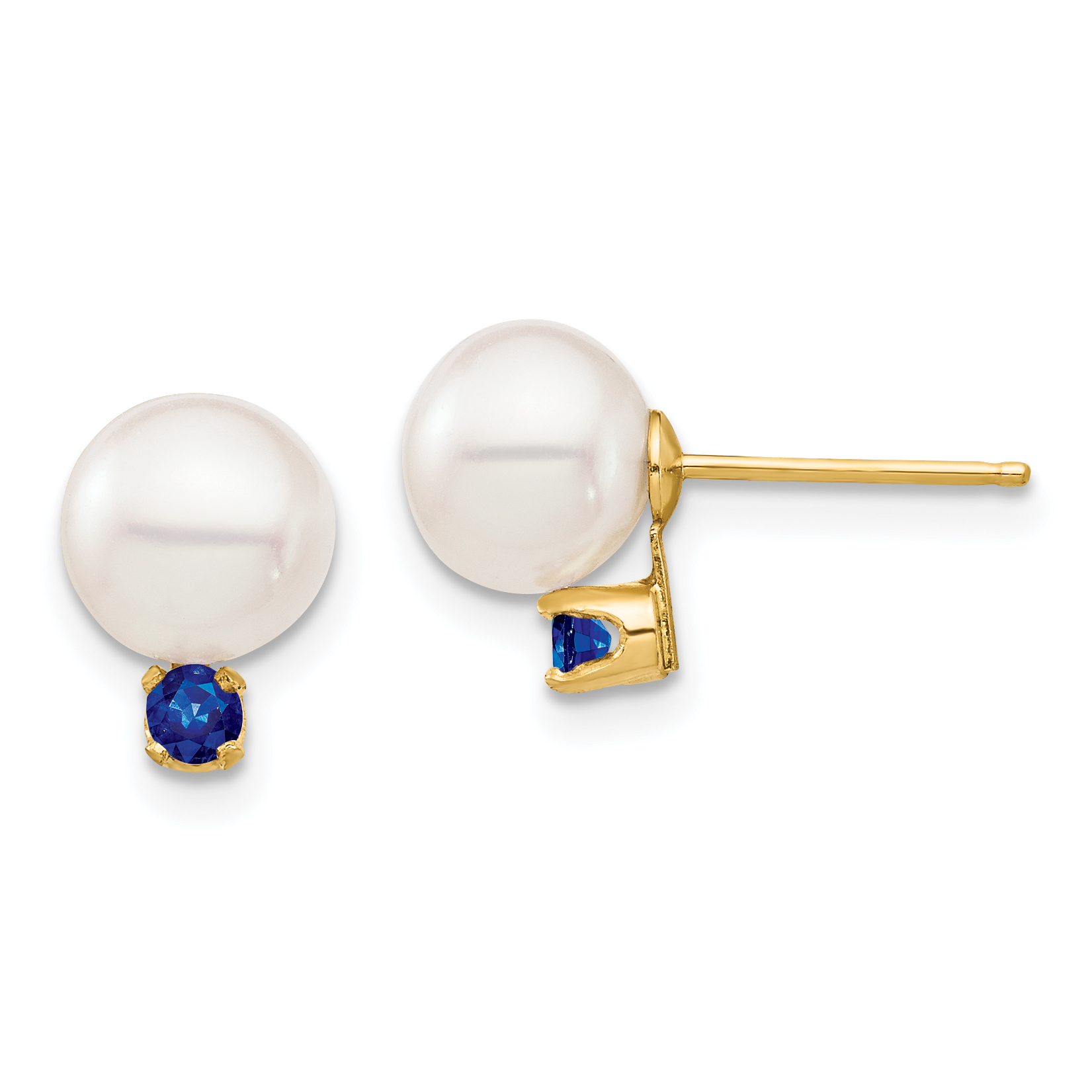 14k 7-7.5mm White Round Freshwater Cultured Pearl and .18SA Sapphire Post Earrings (XF753E/S)