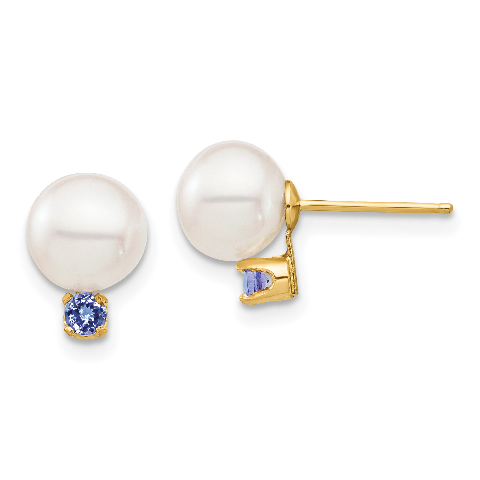 14k 7-7.5mm White Round Freshwater Cultured Pearl and .14TZ Tanzanite Post Earrings (XF753E/TZ)