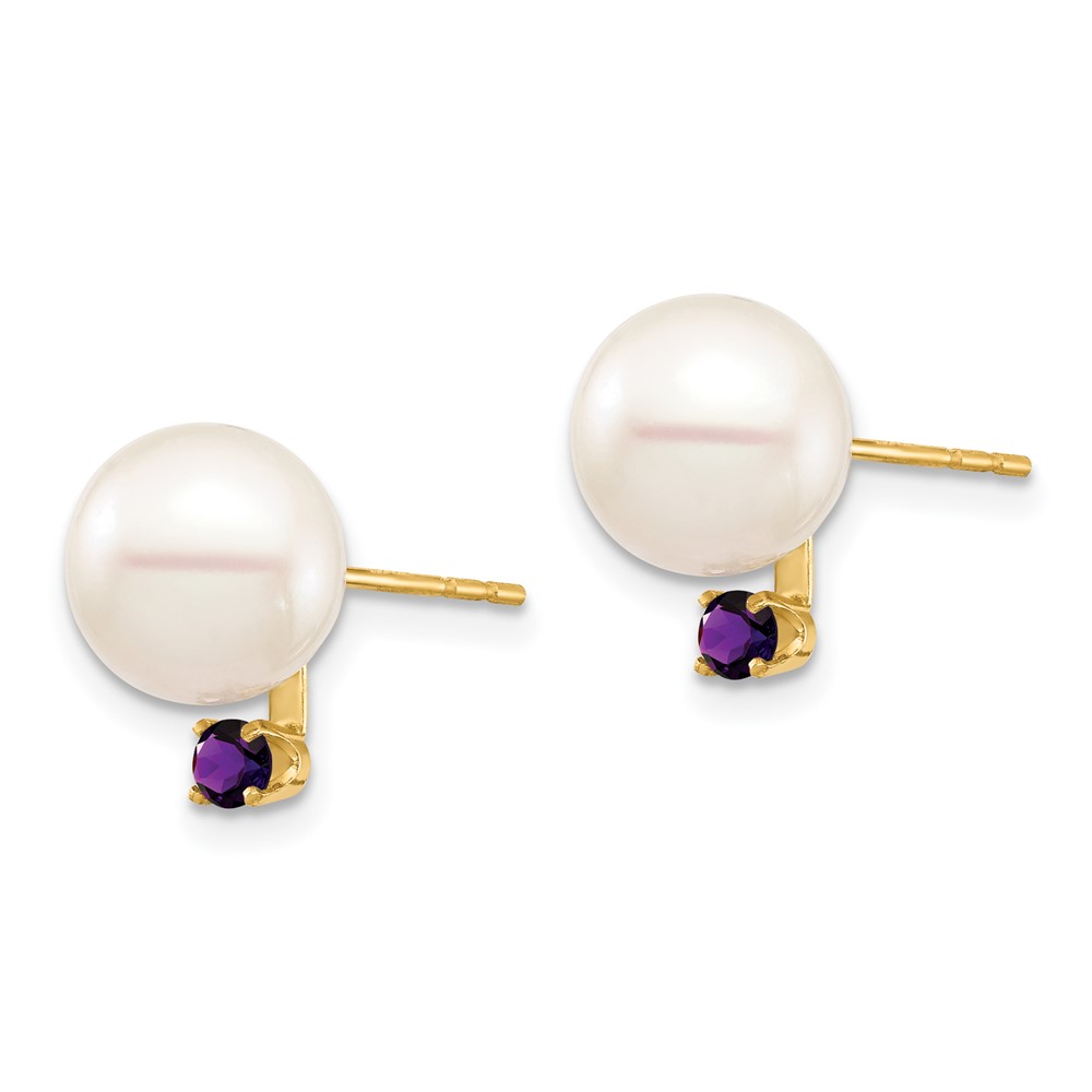 14k 8-8.5mm White Round Freshwater Cultured Pearl and .14AM Amethyst Post Earrings (XF754E/AM)