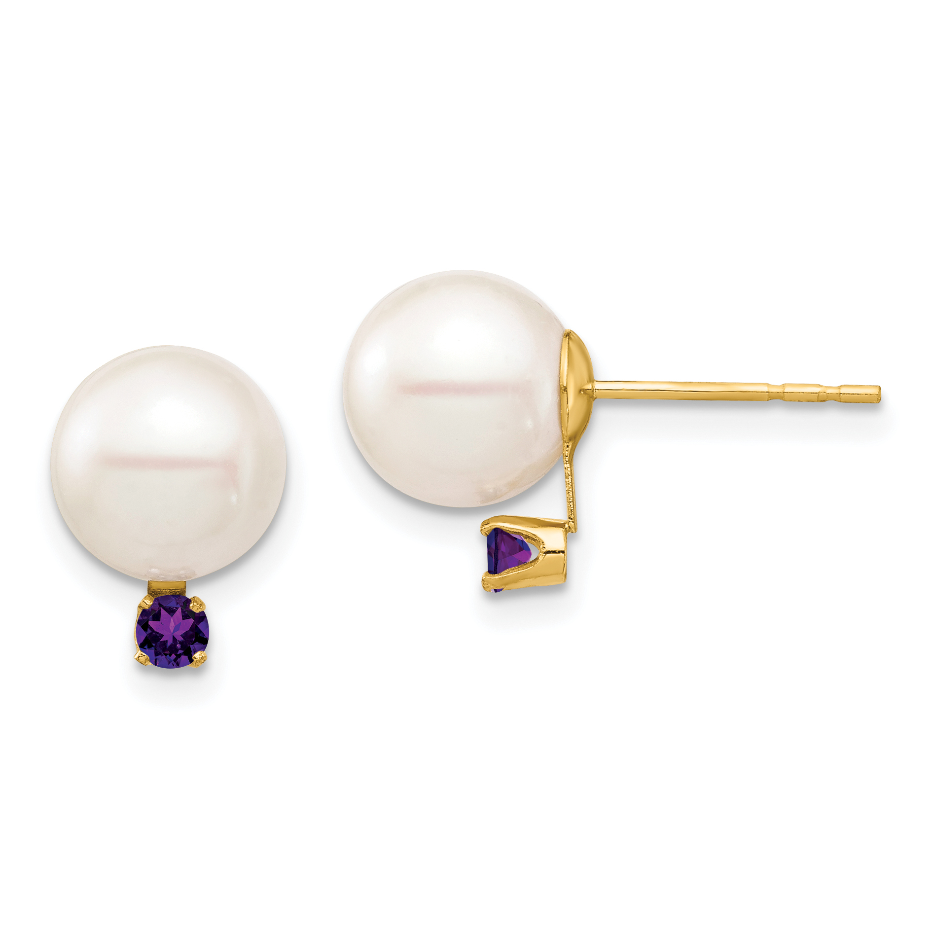 14k 8-8.5mm White Round Freshwater Cultured Pearl and .14AM Amethyst Post Earrings (XF754E/AM)