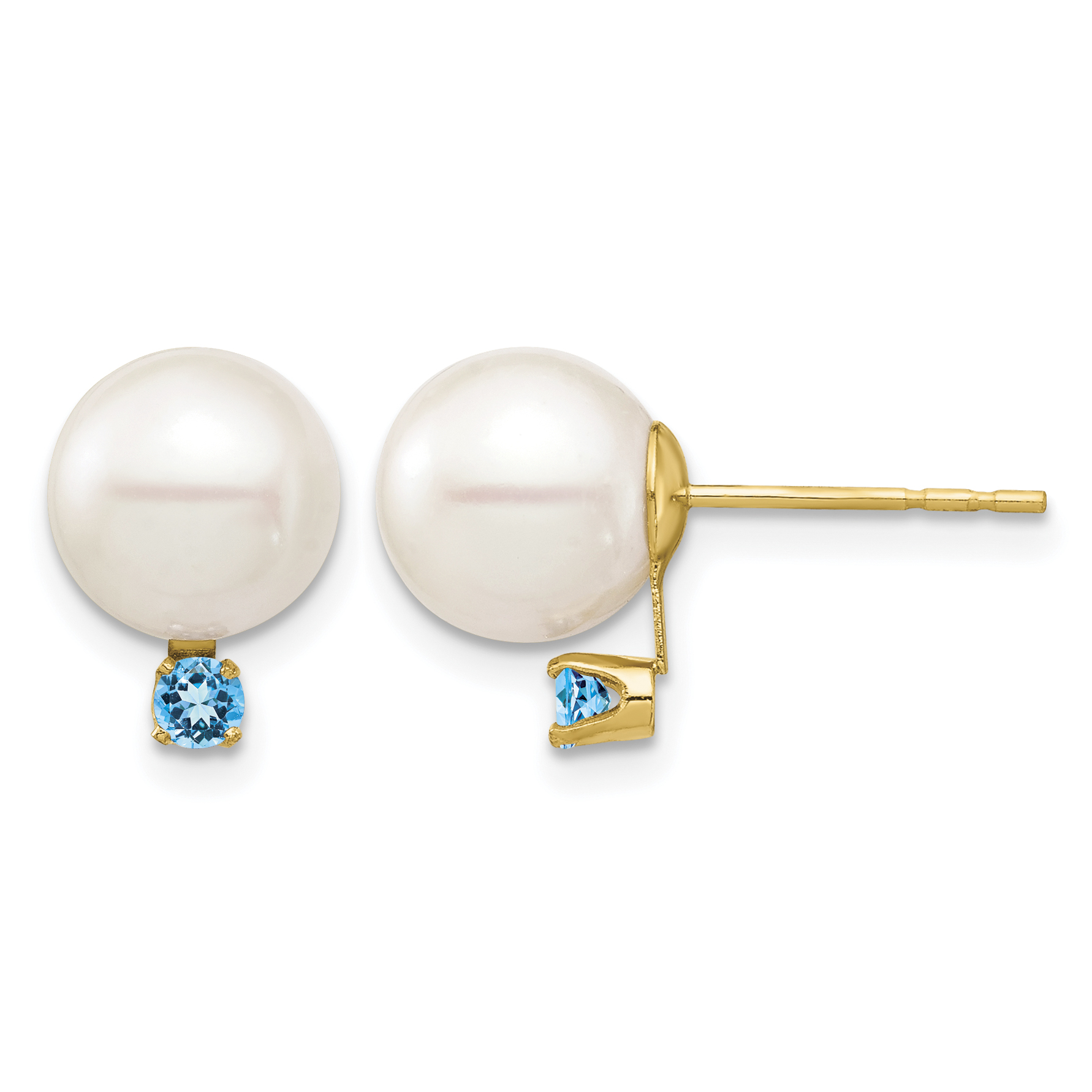 14k 8-8.5mm White Round Freshwater Cultured Pearl and .18BT Swiss Blue Topaz Post Earrings (XF754E/BT)