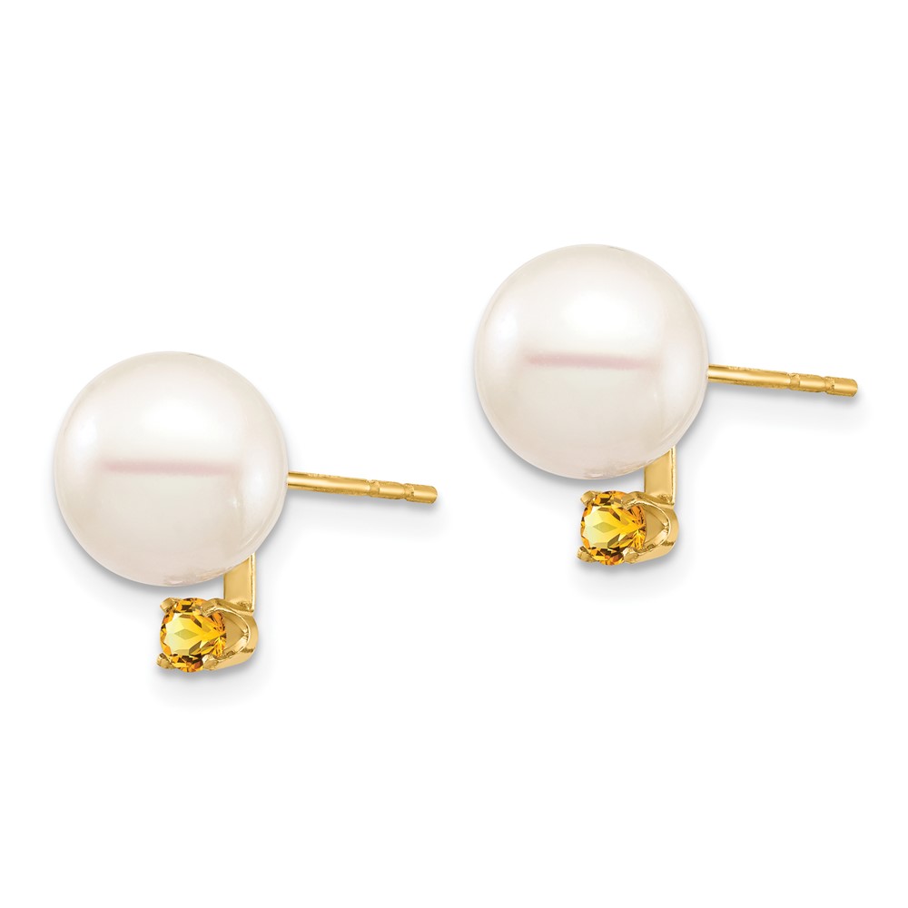 14k 8-8.5mm White Round Freshwater Cultured Pearl and .14CI Citrine Post Earrings (XF754E/CI)