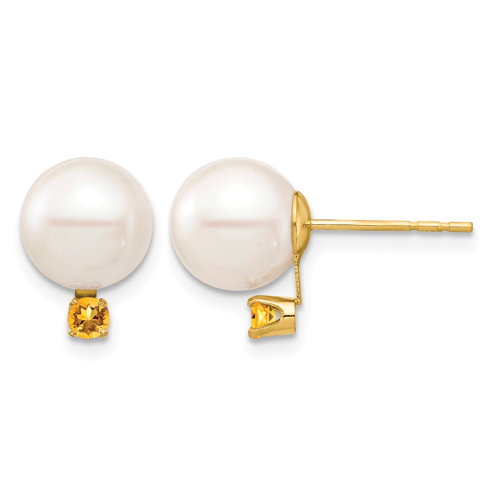 14k 8-8.5mm White Round Freshwater Cultured Pearl and .14CI Citrine Post Earrings (XF754E/CI)