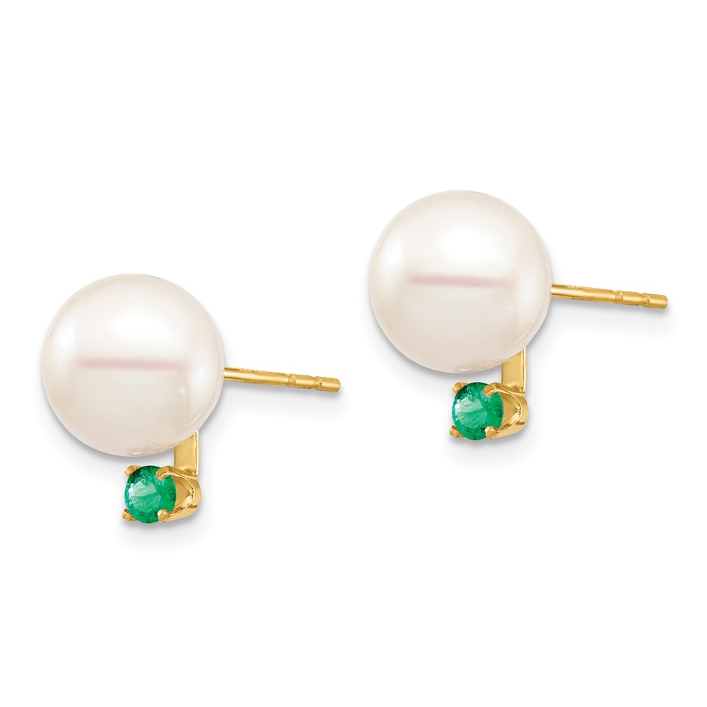 14k 8-8.5mm White Round Freshwater Cultured Pearl and .18EM Emerald Post Earrings (XF754E/E)