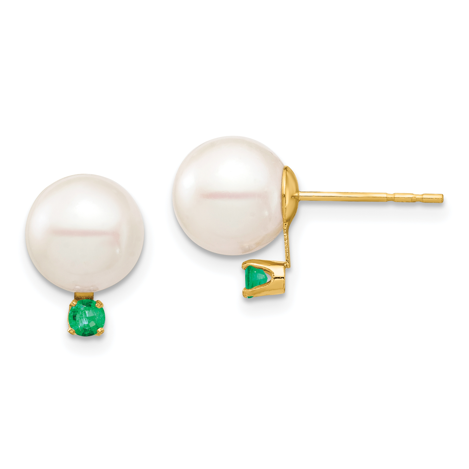 14k 8-8.5mm White Round Freshwater Cultured Pearl and .18EM Emerald Post Earrings (XF754E/E)