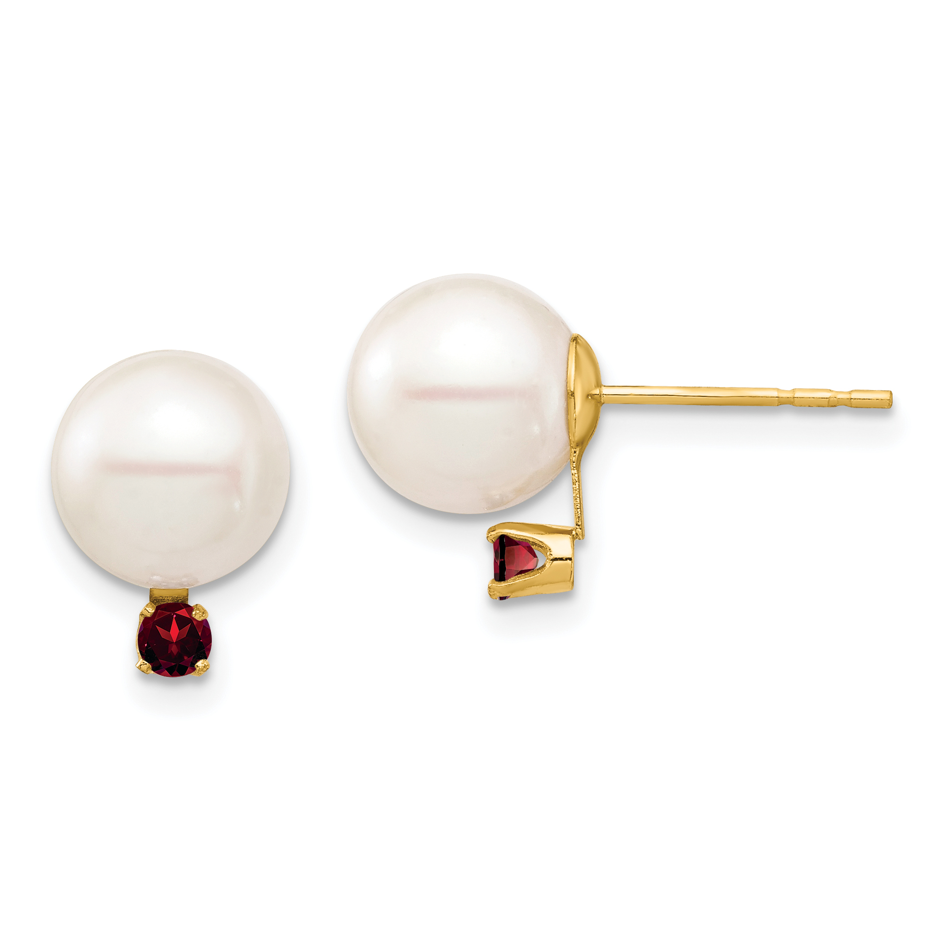 14k 8-8.5mm White Round Freshwater Cultured Pearl and .18GA Garnet Post Earrings (XF754E/GA)