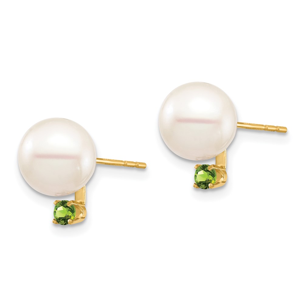 14k 8-8.5mm White Round Freshwater Cultured Pearl and .14PE Peridot Post Earrings (XF754E/PE)