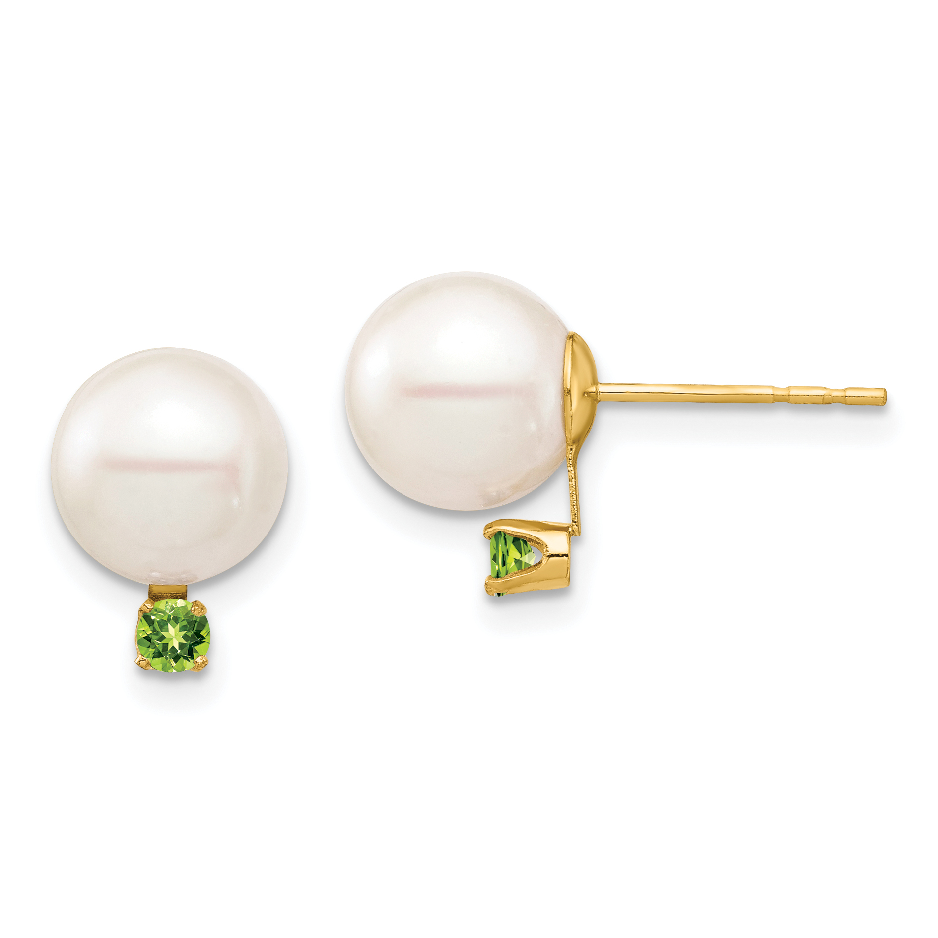 14k 8-8.5mm White Round Freshwater Cultured Pearl and .14PE Peridot Post Earrings (XF754E/PE)
