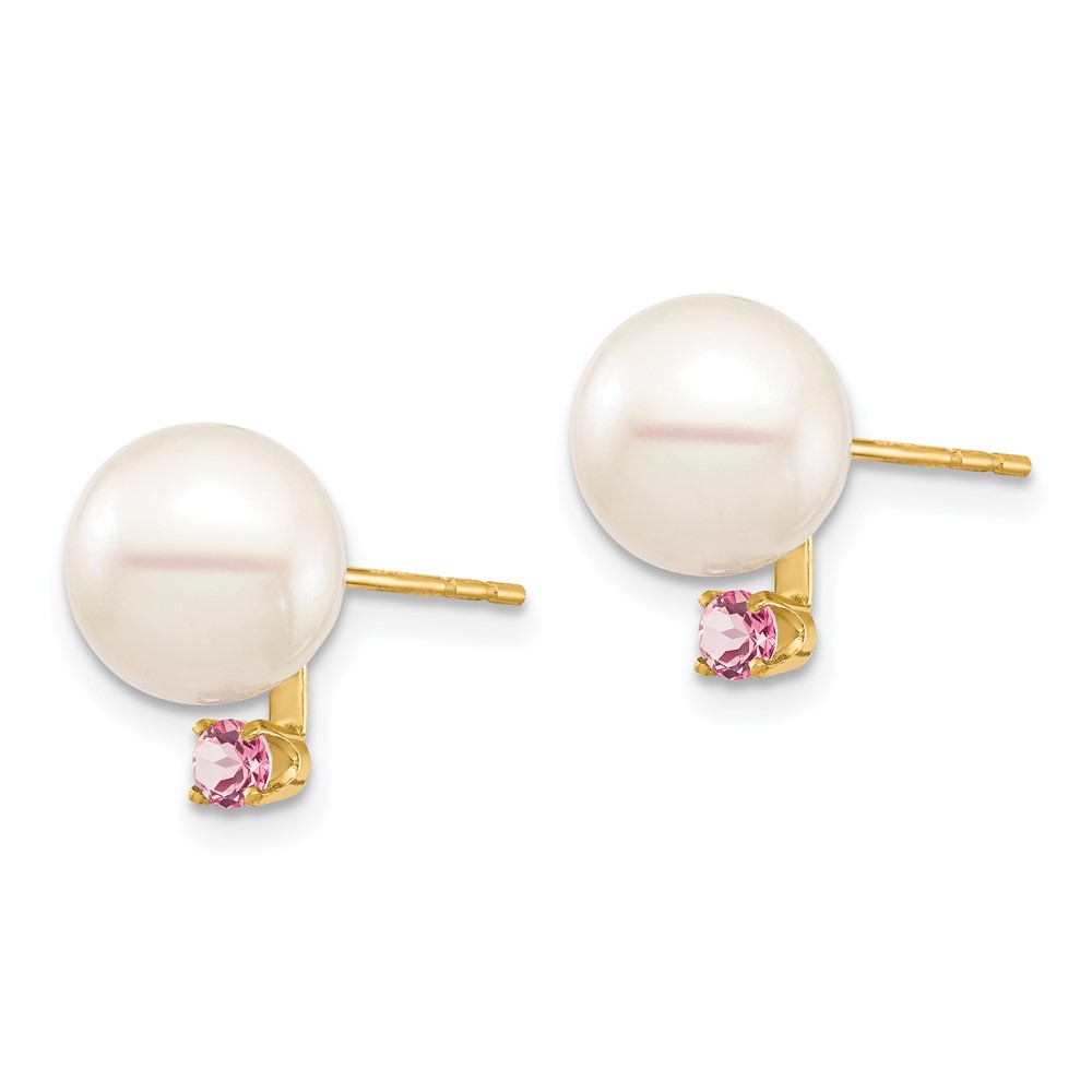 14k 8-8.5mm White Round Freshwater Cultured Pearl and .14PT Pink Topaz Post Earrings (XF754E/PT)