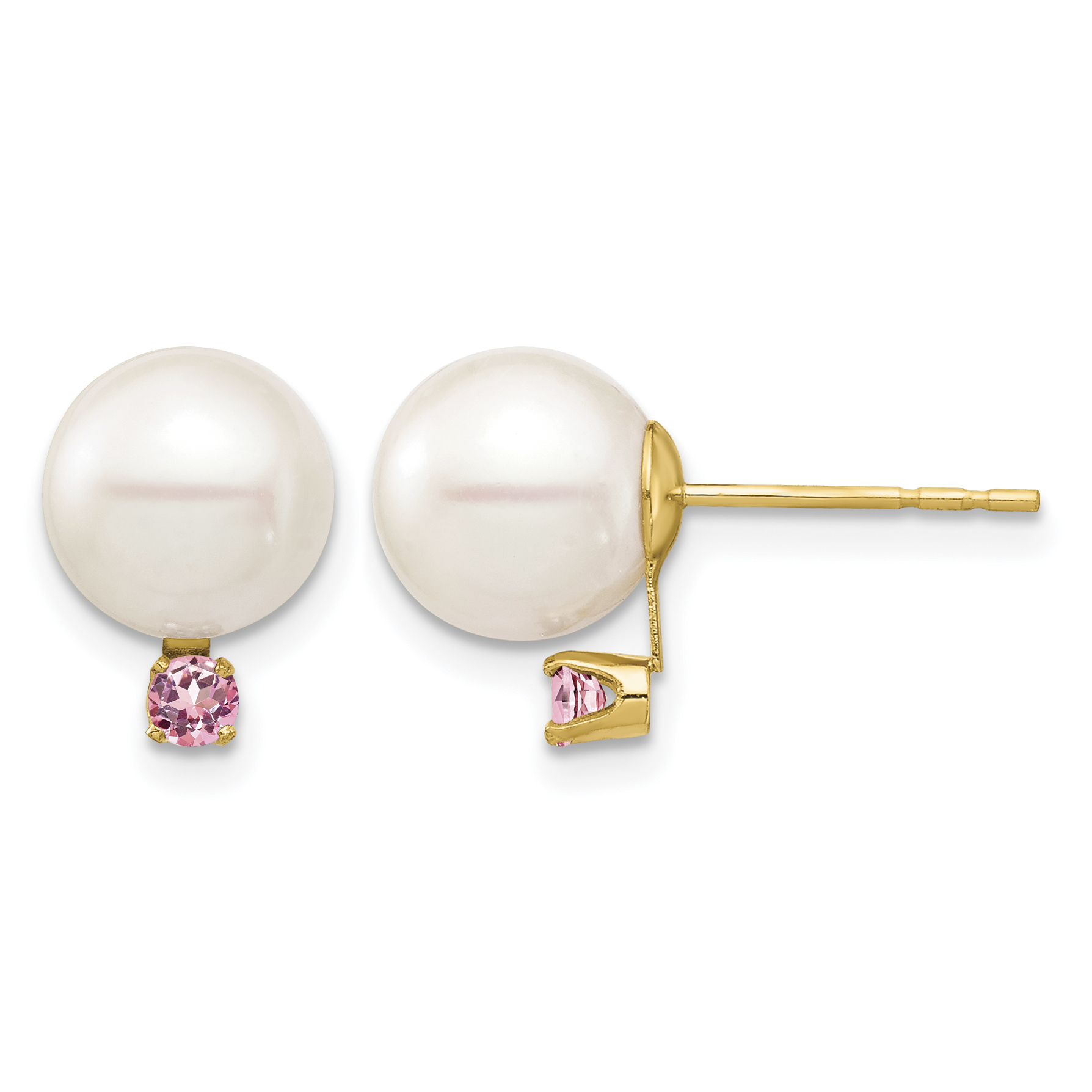 14k 8-8.5mm White Round Freshwater Cultured Pearl and .14PT Pink Topaz Post Earrings (XF754E/PT)
