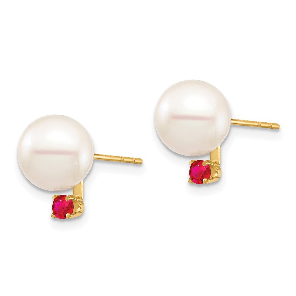 14k 8-8.5mm White Round Freshwater Cultured Pearl and .18RU Ruby Post Earrings (XF754E/R)