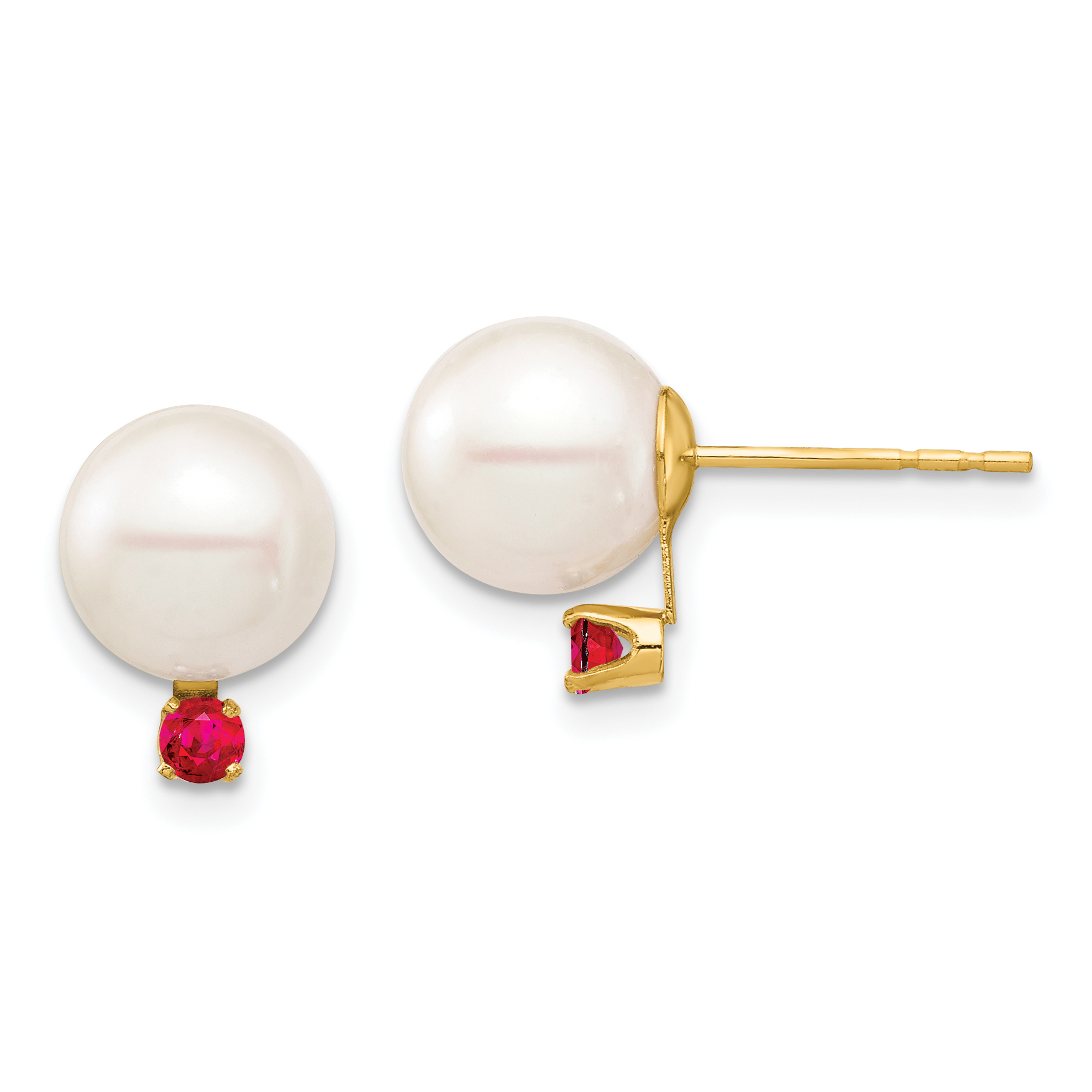 14k 8-8.5mm White Round Freshwater Cultured Pearl and .18RU Ruby Post Earrings (XF754E/R)