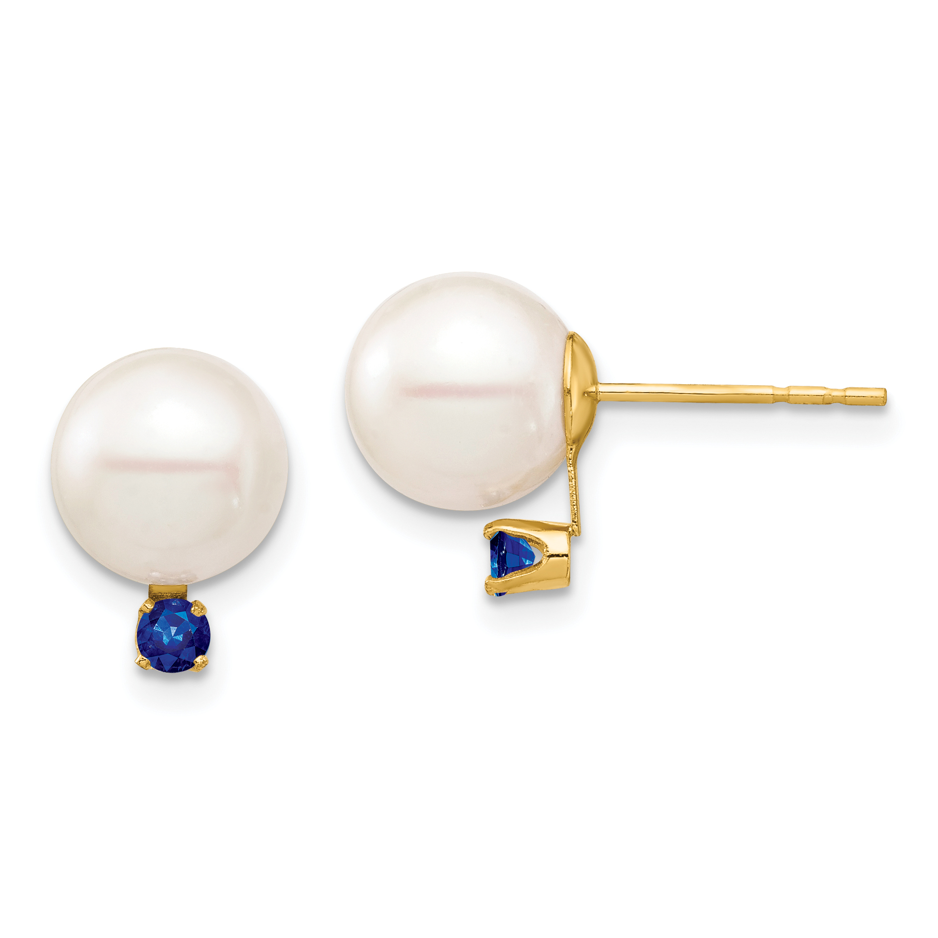 14k 8-8.5mm White Round Freshwater Cultured Pearl and .18SA Sapphire Post Earrings (XF754E/S)