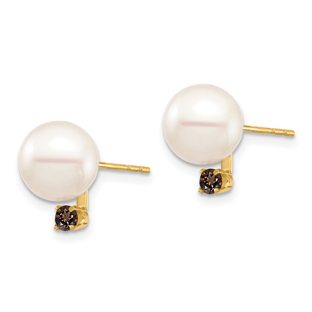 14k 8-8.5mm White Round Freshwater Cultured Pearl and .18SQ Smoky Quartz Post Earring (XF754E/SQ)