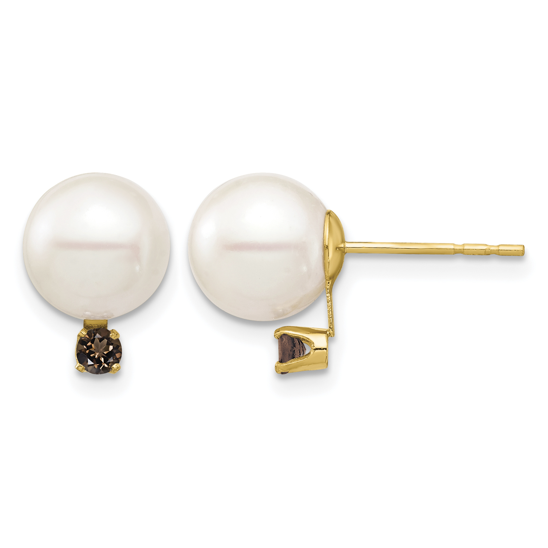 14k 8-8.5mm White Round Freshwater Cultured Pearl and .18SQ Smoky Quartz Post Earring (XF754E/SQ)