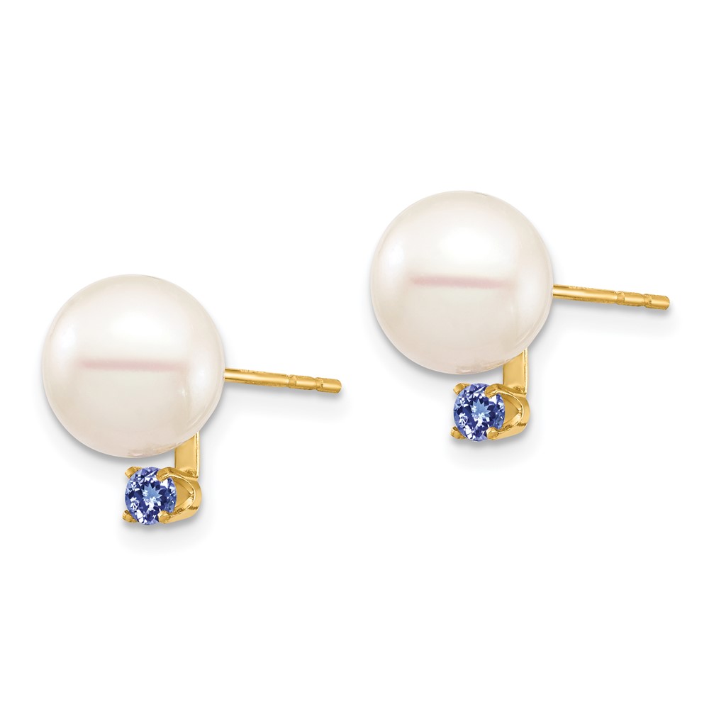 14k 8-8.5mm White Round Freshwater Cultured Pearl and .14TZ Tanzanite Post Earrings (XF754E/TZ)