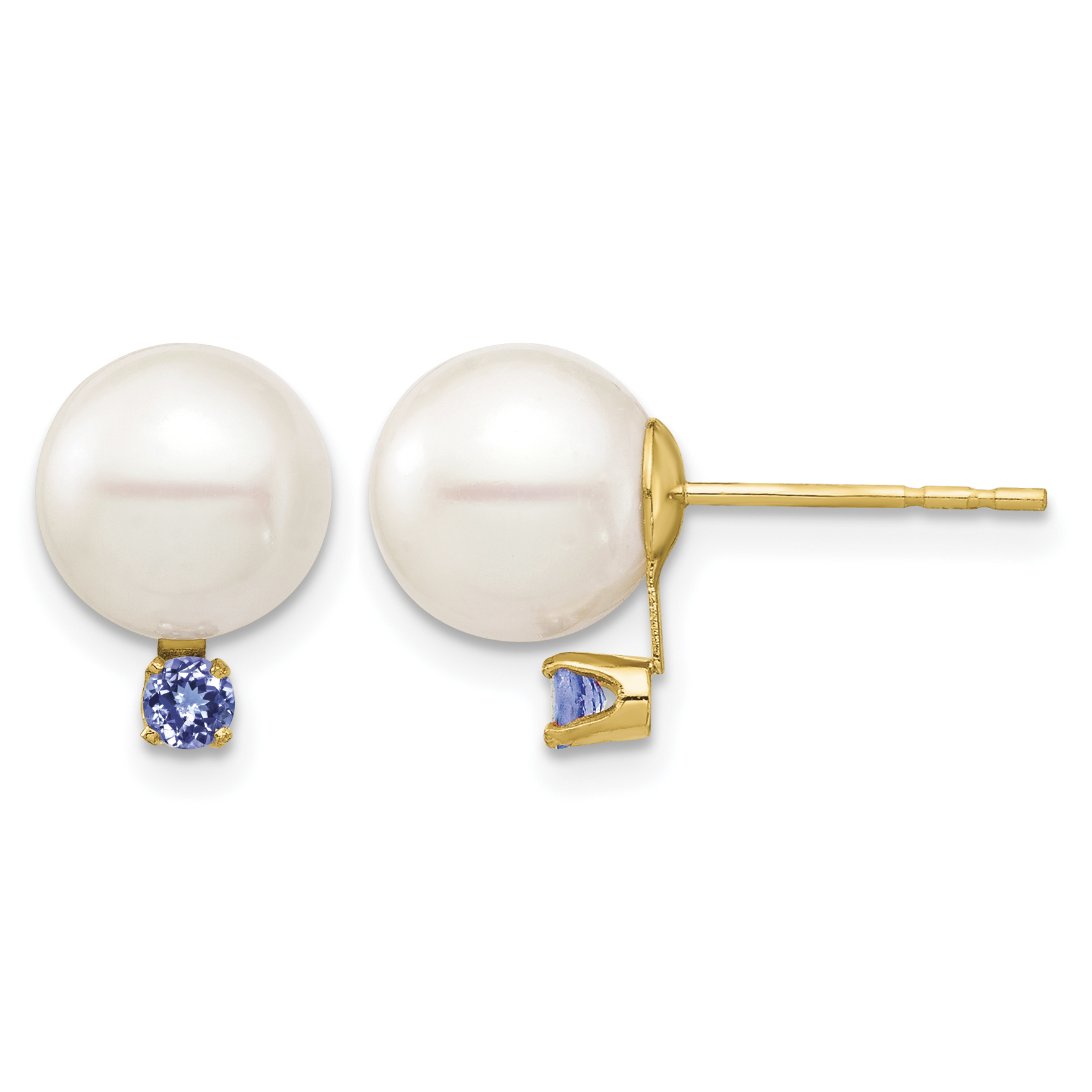 14k 8-8.5mm White Round Freshwater Cultured Pearl and .14TZ Tanzanite Post Earrings (XF754E/TZ)