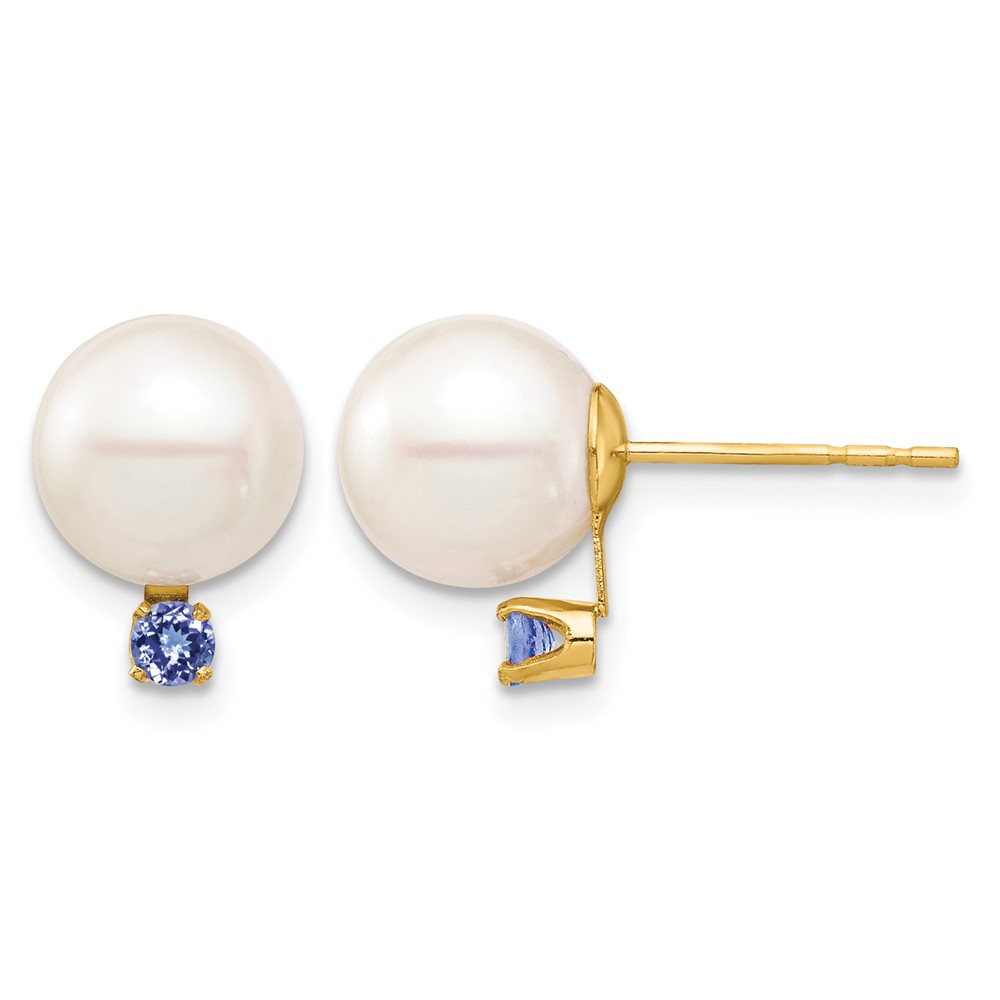 14k 8-8.5mm White Round Freshwater Cultured Pearl and .14TZ Tanzanite Post Earrings (XF754E/TZ)