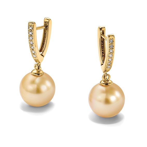 14k 10-11mm Round Golden South Sea Saltwater Cultured Pearl and .105 Carat Diamond Dangle Earrings