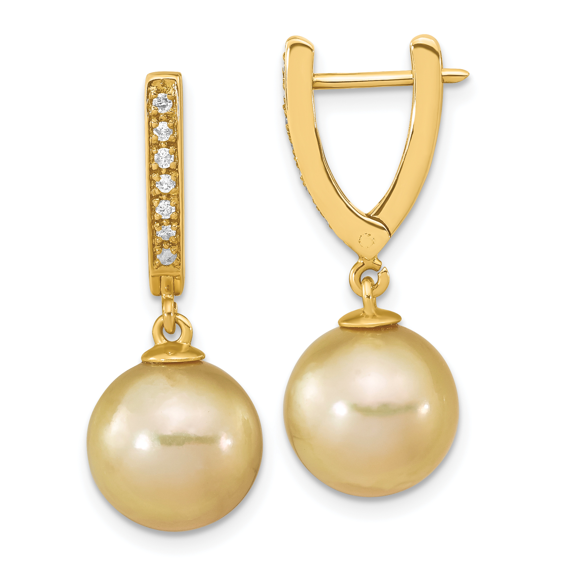 14k 10-11mm Round Golden South Sea Saltwater Cultured Pearl and .105 Carat Diamond Dangle Earrings (XF757E)