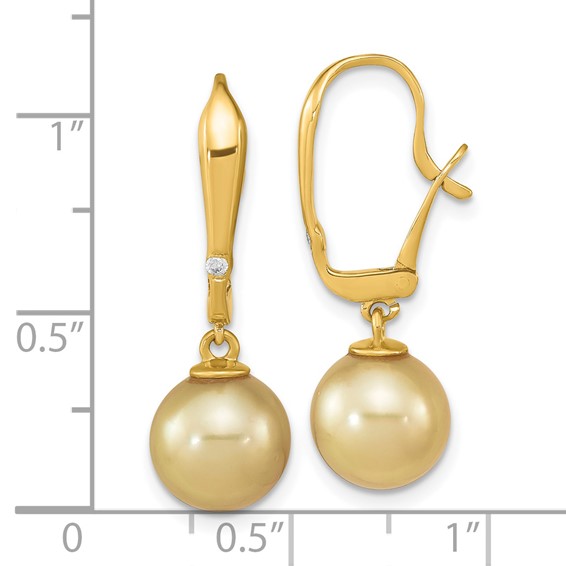 14k 9-10mm Round Golden South Sea Saltwater Cultured Pearl and .02 Carat Diamond Post Earrings
