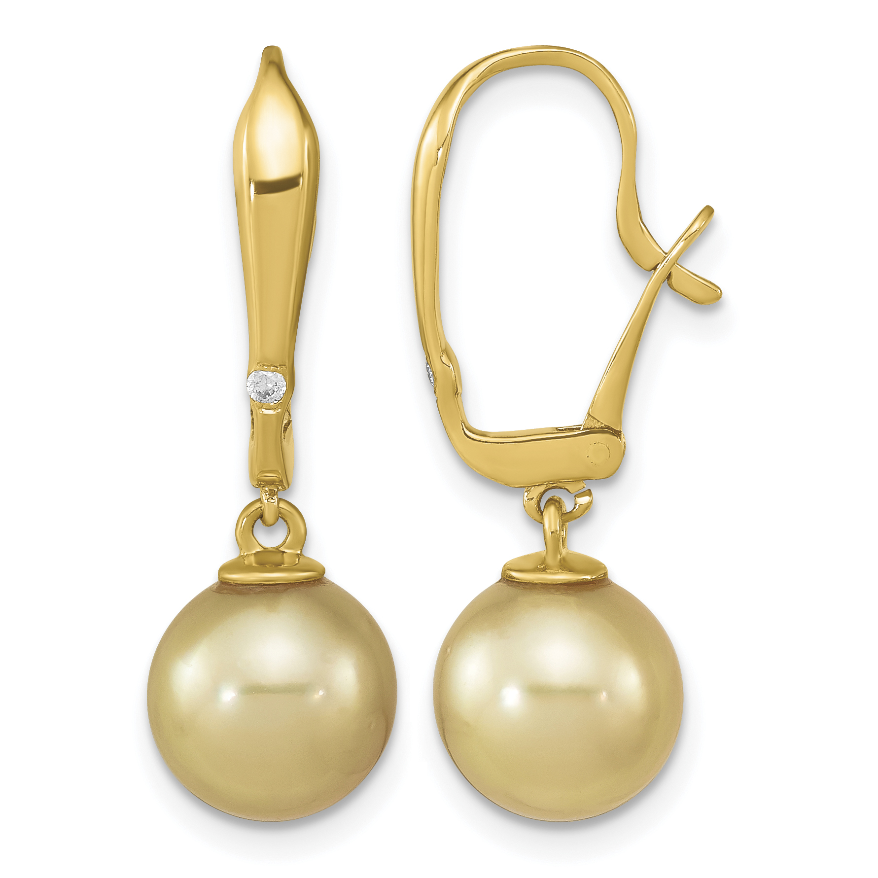 14k 9-10mm Round Golden South Sea Saltwater Cultured Pearl and .02 Carat Diamond Post Earrings (XF758E)