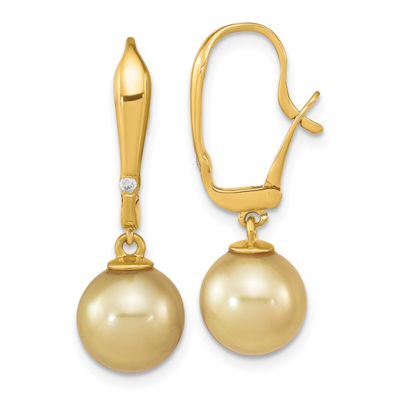 14k 9-10mm Round Golden South Sea Saltwater Cultured Pearl and .02 Carat Diamond Post Earrings
