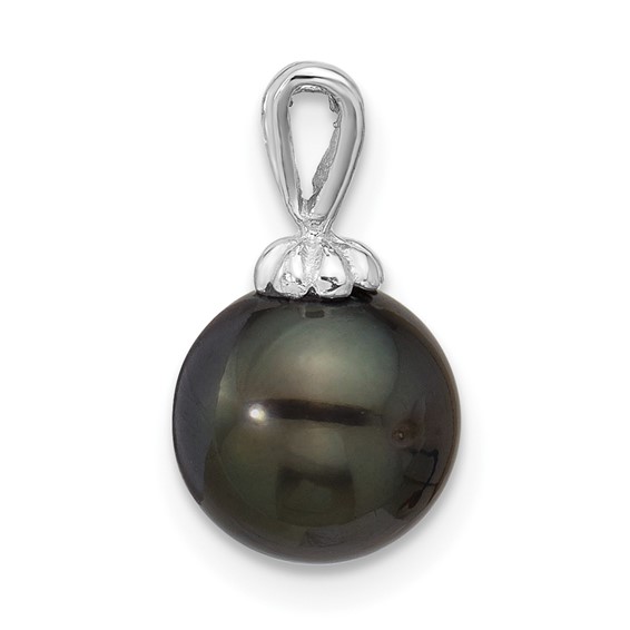 14k White Gold 8-9mm Round Black Tahitian Saltwater Cultured Pearl Pendant