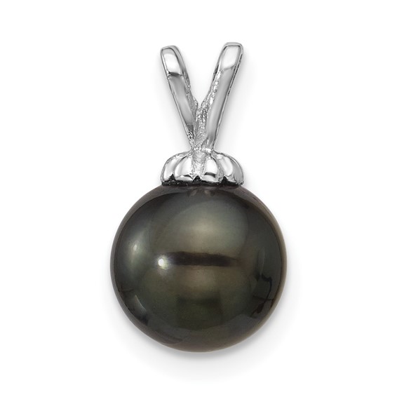 14k White Gold 8-9mm Round Black Tahitian Saltwater Cultured Pearl Pendant