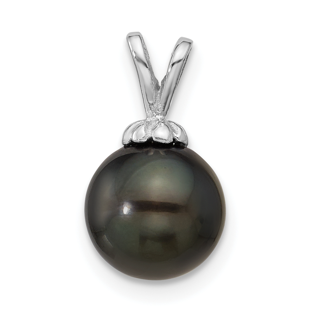 14k White Gold 8-9mm Round Black Tahitian Saltwater Cultured Pearl Pendant (XF761)