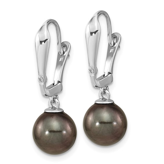 14k White Gold 9-10mm Black Round Tahitian Saltwater Cultured Pearl and .02 Carat Diamond Leverback Dangle Earrings