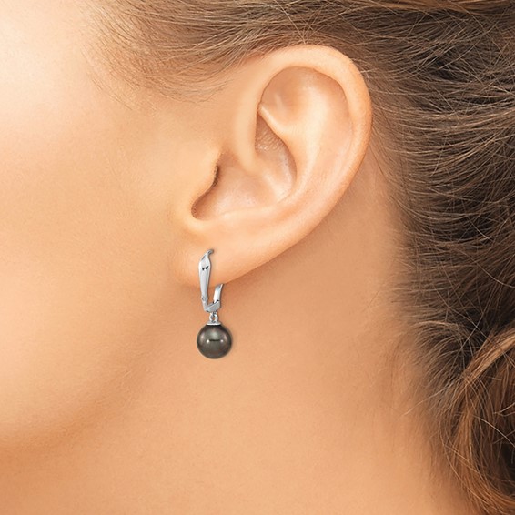 14k White Gold 9-10mm Black Round Tahitian Saltwater Cultured Pearl and .02 Carat Diamond Leverback Dangle Earrings