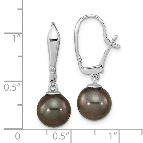 14k White Gold 9-10mm Black Round Tahitian Saltwater Cultured Pearl and .02 Carat Diamond Leverback Dangle Earrings