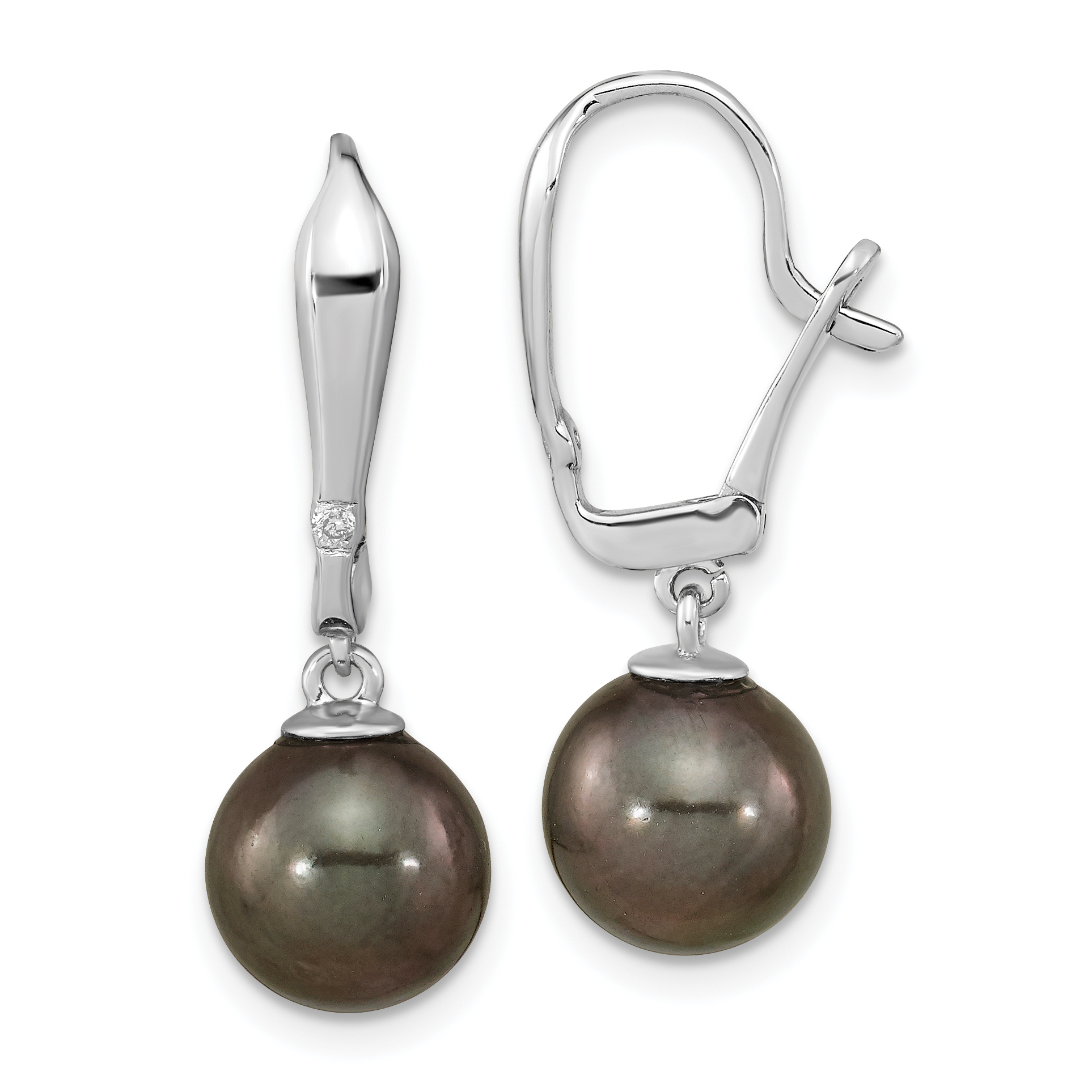 14k White Gold 9-10mm Black Round Tahitian Saltwater Cultured Pearl and .02 Carat Diamond Leverback Dangle Earrings (XF762E)