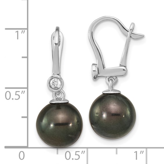 14k White Gold 9-10mm Black Round Tahitian Saltwater Cultured Pearl and .10 Carat Diamond Leverback Dangle Earrings