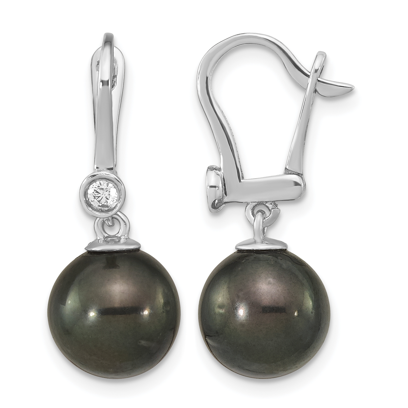 14k White Gold 9-10mm Black Round Tahitian Saltwater Cultured Pearl and .10 Carat Diamond Leverback Dangle Earrings (XF763E)